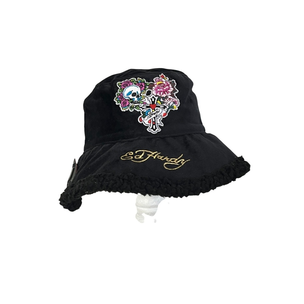 Ed Hardy Bucket Hat  Black Velour Faux Shearling Skull Cross Embroidered OS